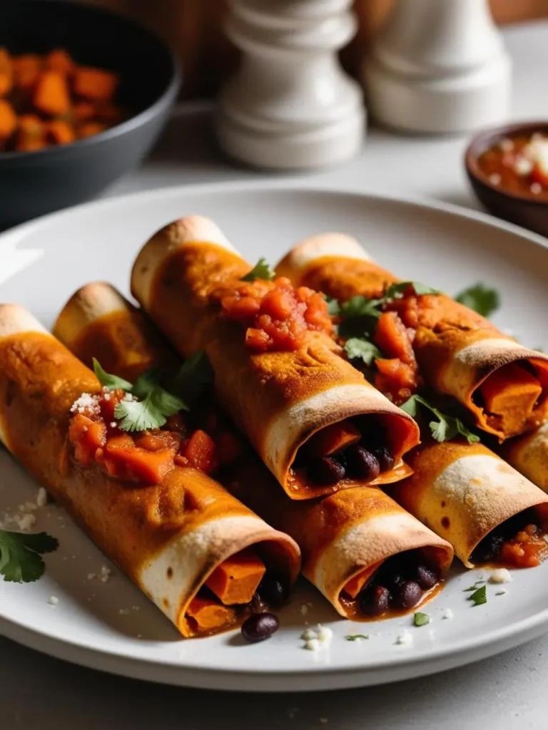 A plate of four enchiladas filled with a mixture of sweet potato and black beans, topped with a tangy sauce and fresh cilantro. A bowl of sweet potato chunks and a small bowl of sauce are visible in the background.