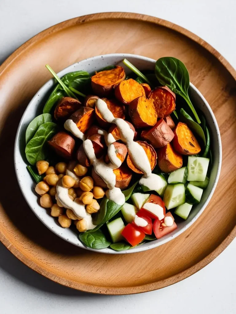 A colorful and healthy Buddha bowl. The bowl is filled with roasted sweet potatoes, chickpeas, spinach, cucumbers, and cherry tomatoes. A creamy dressing is drizzled over the top, adding a touch of richness and flavor. The bowl looks incredibly appetizing and perfect for a light and satisfying meal.