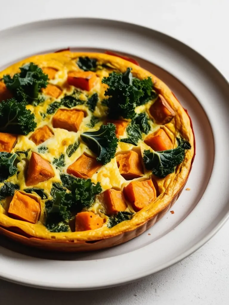 A golden-brown quiche on a white plate. The quiche is filled with a vibrant mixture of sweet potato chunks, spinach, and egg custard. Fresh kale leaves are scattered on top, adding a touch of color and freshness. The quiche looks incredibly appetizing and perfect for a healthy and satisfying meal.