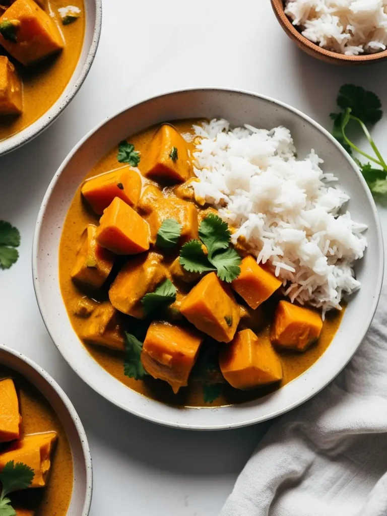 A bowl of creamy pumpkin curry with a side of fluffy white rice. The curry has a rich, golden color and is garnished with fresh cilantro. The dish looks incredibly appetizing and perfect for a warm and comforting meal.