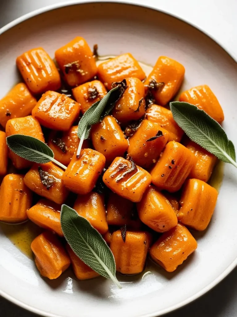 A plate of vibrant orange pumpkin gnocchi. The gnocchi are pillow-soft and coated in a golden sauce, with fresh sage leaves scattered throughout. The dish looks incredibly appetizing and perfect for a fall or winter meal.