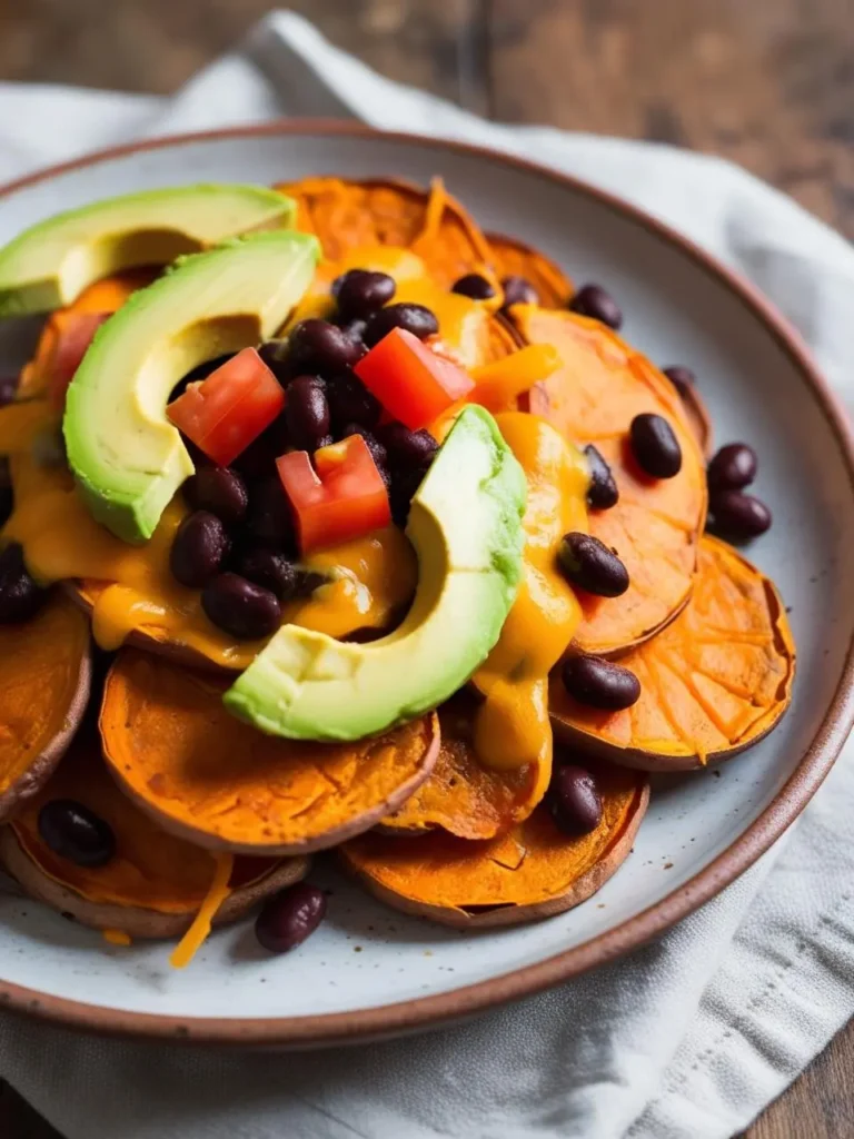 A plate of sweet potato nachos topped with melted cheese, black beans, diced tomatoes, and avocado slices. This looks like a healthy and delicious twist on a classic snack.