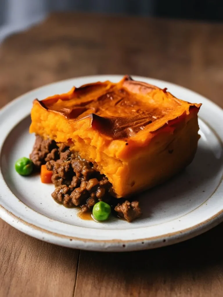 A slice of shepherd's pie with a golden-brown crust. The pie is filled with a savory mixture of ground meat, vegetables, and gravy. The crust is flaky and golden, and the filling is visible through a small opening. The pie looks warm, comforting, and perfect for a hearty meal.