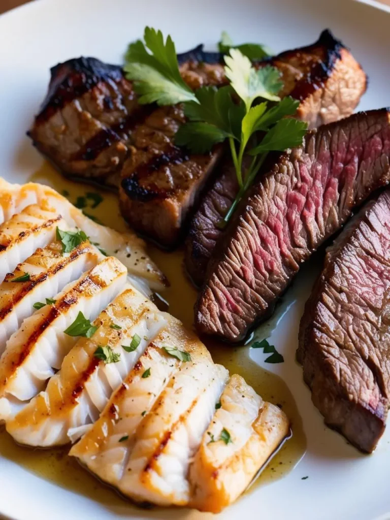 A plate of surf and turf featuring grilled fish and steak. The fish fillets are cooked to a golden brown and the steak is sliced and shows a beautiful medium-rare pink interior. Fresh parsley adds a touch of color and freshness. The dish looks delicious and elegant, perfect for a special occasion.