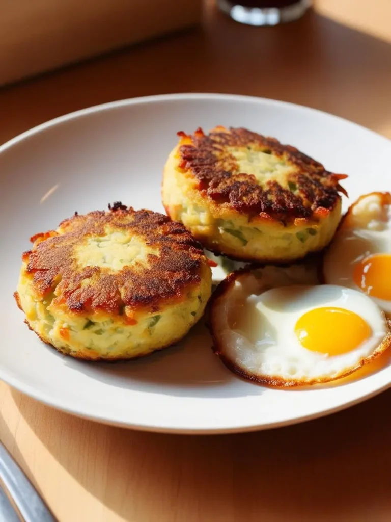 A plate of two golden-brown potato cakes, served alongside two sunny-side-up fried eggs. The potato cakes look crispy on the outside and fluffy on the inside, while the eggs have perfectly cooked yolks. The dish looks like a hearty and delicious breakfast or brunch option.