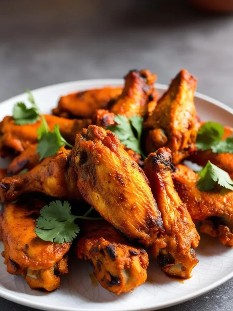 A plate of crispy, golden-brown chicken wings coated in a vibrant red sauce, likely a spicy buffalo or hot honey glaze. Fresh cilantro sprigs add a touch of color and freshness.