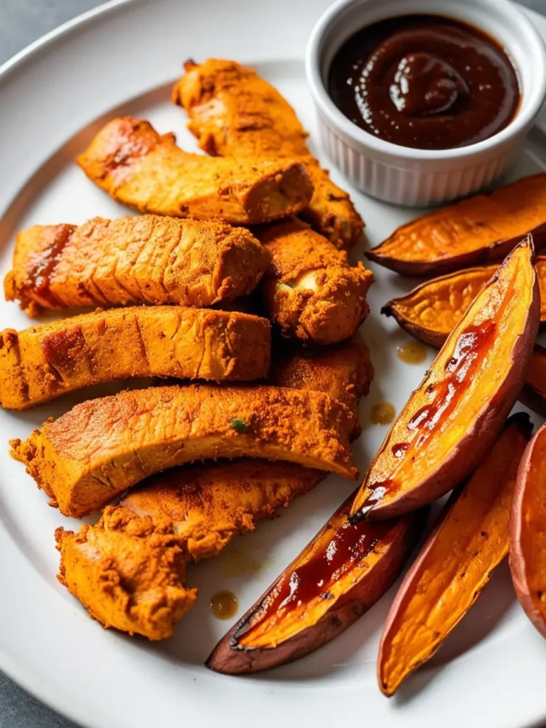 A plate of crispy baked chicken tenders served alongside wedges of sweet potato. A small bowl of barbecue sauce is on the plate, ready for dipping. The dish looks delicious and satisfying.