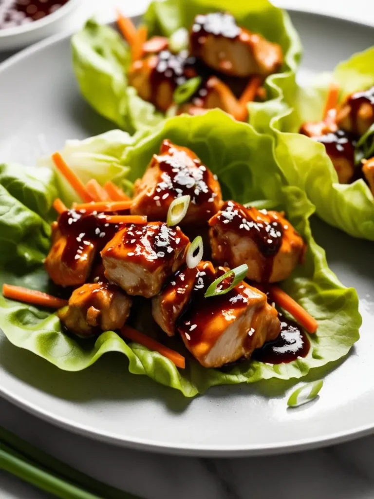 Two lettuce wraps filled with tender pieces of teriyaki chicken, shredded carrots, and sliced green onions. The chicken is glazed with a sweet and savory sauce, and sesame seeds are sprinkled on top.