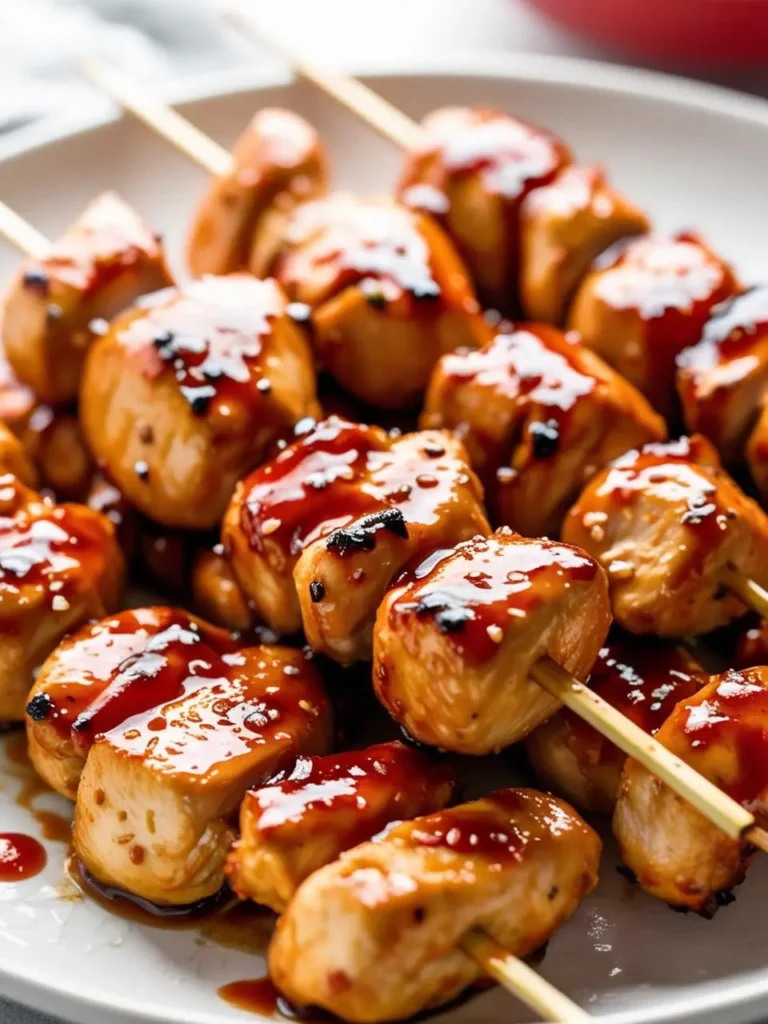 A plate of grilled chicken skewers glazed with a sweet and savory sauce. The skewers are arranged closely together and look incredibly appetizing. Sesame seeds are sprinkled on top.