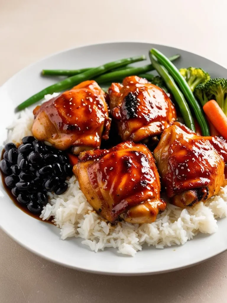 A plate of glazed chicken thighs served on a bed of rice, alongside a side of green beans, broccoli, carrots, and black beans.