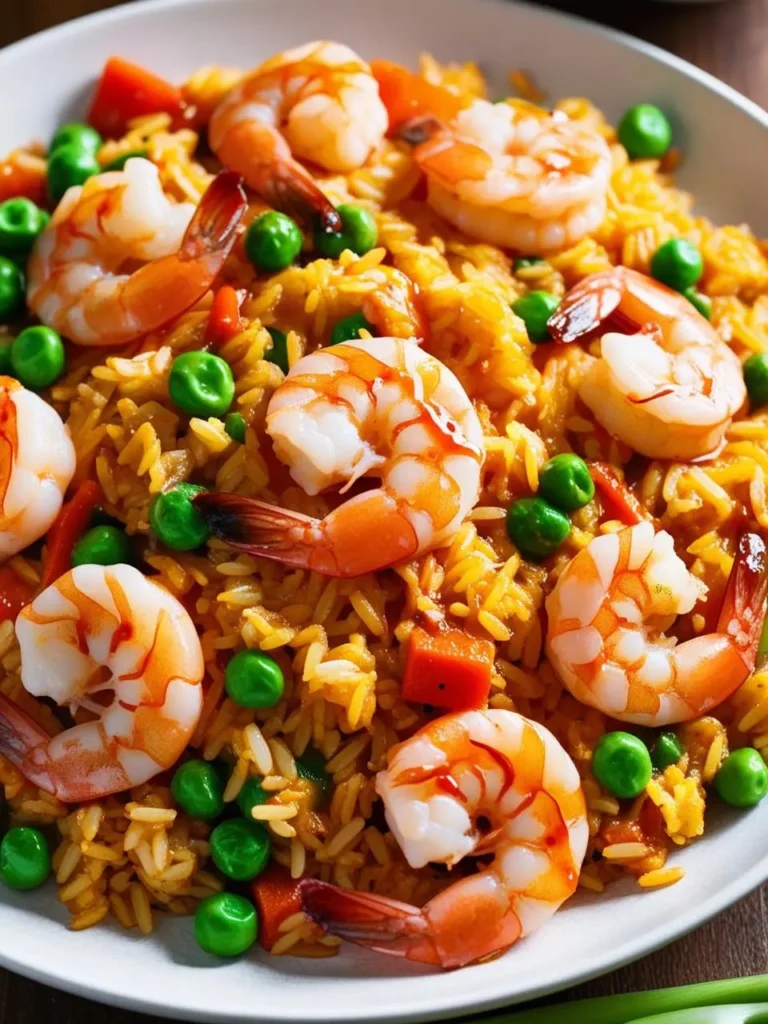 A plate of colorful shrimp fried rice. The dish features fluffy rice, plump shrimp, and vibrant vegetables like peas and carrots. This fried rice looks incredibly appetizing and perfect for a quick and satisfying meal.