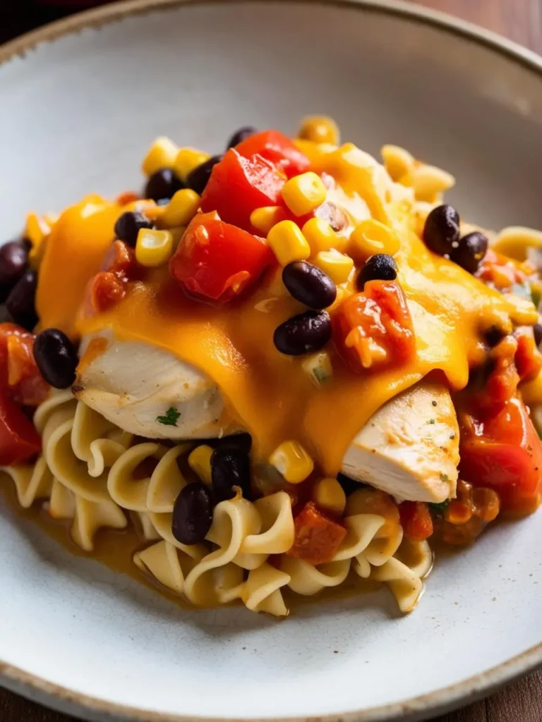 A plate of hearty chicken and egg noodles topped with a melted cheese sauce, black beans, corn, and diced tomatoes.