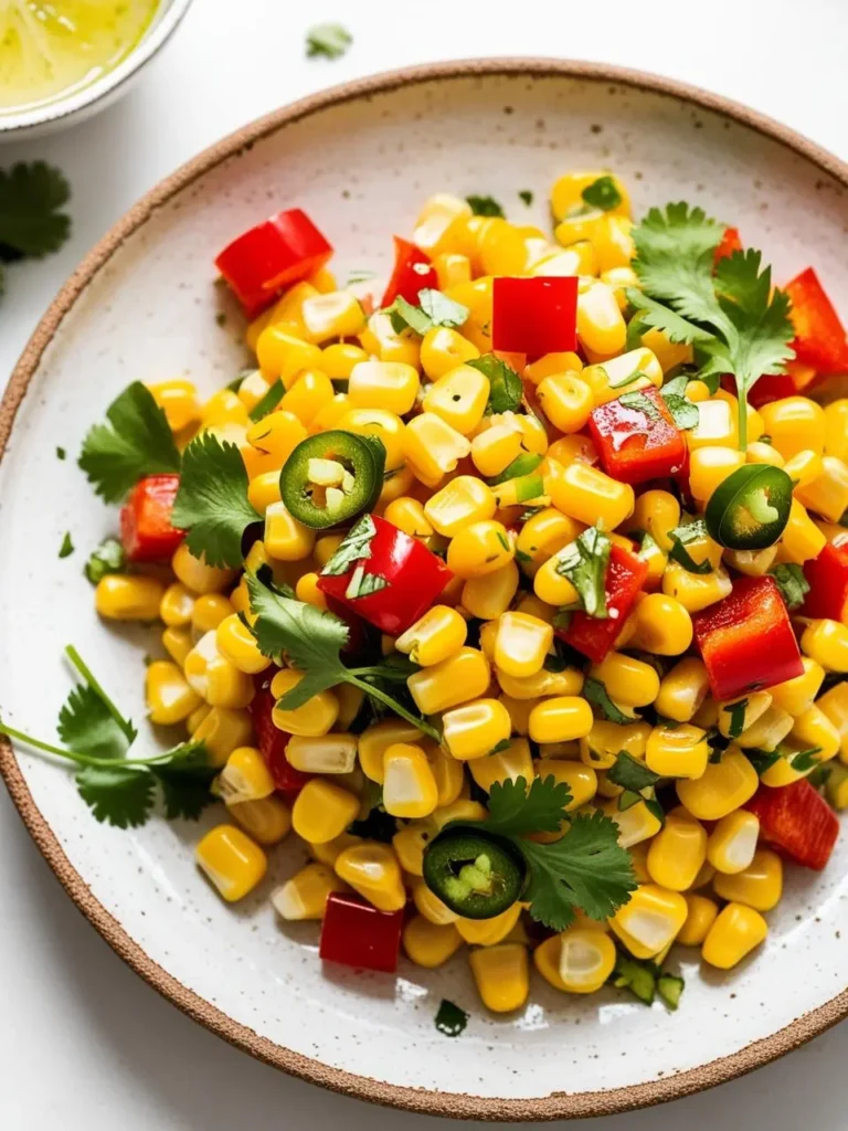 A plate of vibrant corn salad, featuring fresh corn kernels, diced bell peppers, and chopped cilantro. The salad is sprinkled with jalapenos for a touch of heat and drizzled with a lime-based dressing. The dish looks light, refreshing, and perfect for a summer side.