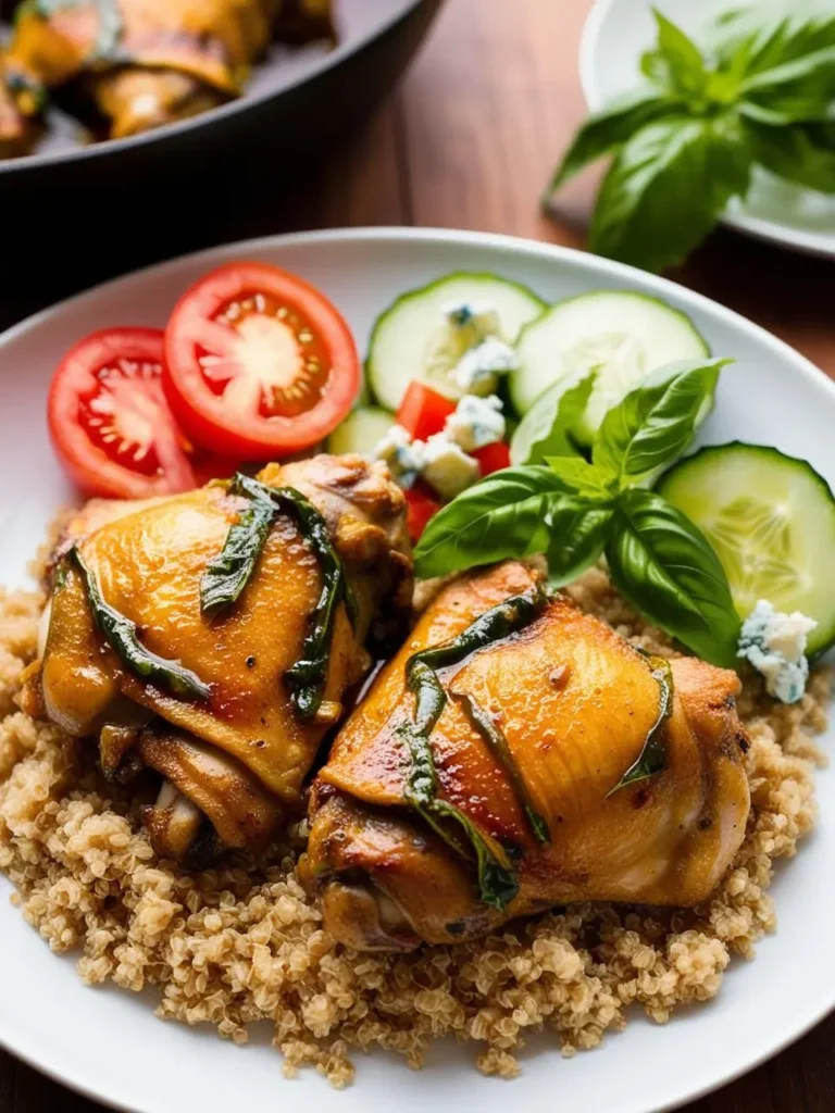 Two juicy chicken thighs glazed with a balsamic glaze, served on a bed of quinoa with a side of sliced tomatoes, cucumbers, and crumbled blue cheese.