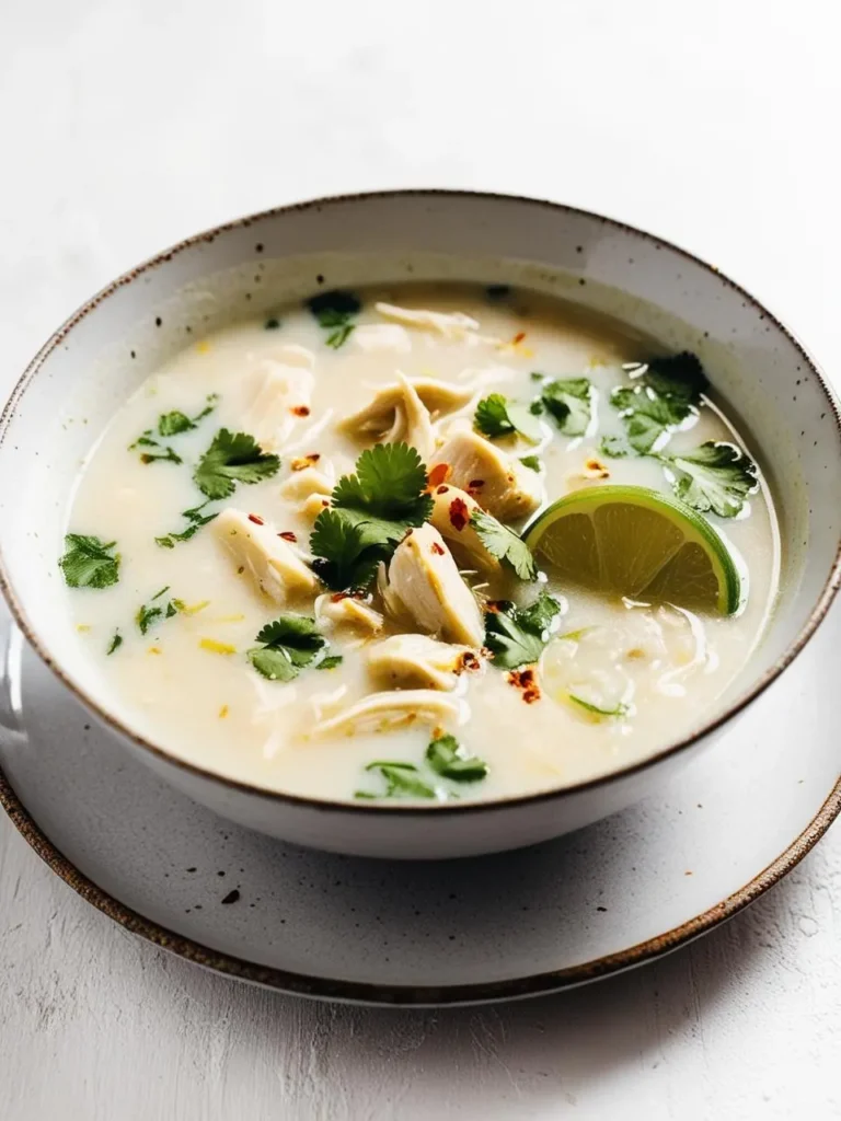 A bowl of creamy Tom Kha Gai soup. The soup is filled with tender chicken, lemongrass, and mushrooms, all simmered in a rich coconut broth. The soup is garnished with cilantro, red pepper flakes, and a lime wedge, adding a touch of freshness and flavor.