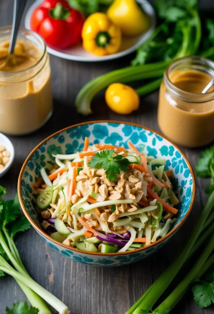 A colorful Asian-inspired salad in a vibrant blue bowl. The salad is topped with chopped peanuts and fresh cilantro. Jars of peanut sauce and colorful vegetables like bell peppers and carrots are arranged around the bowl, suggesting the ingredients used in the dish.