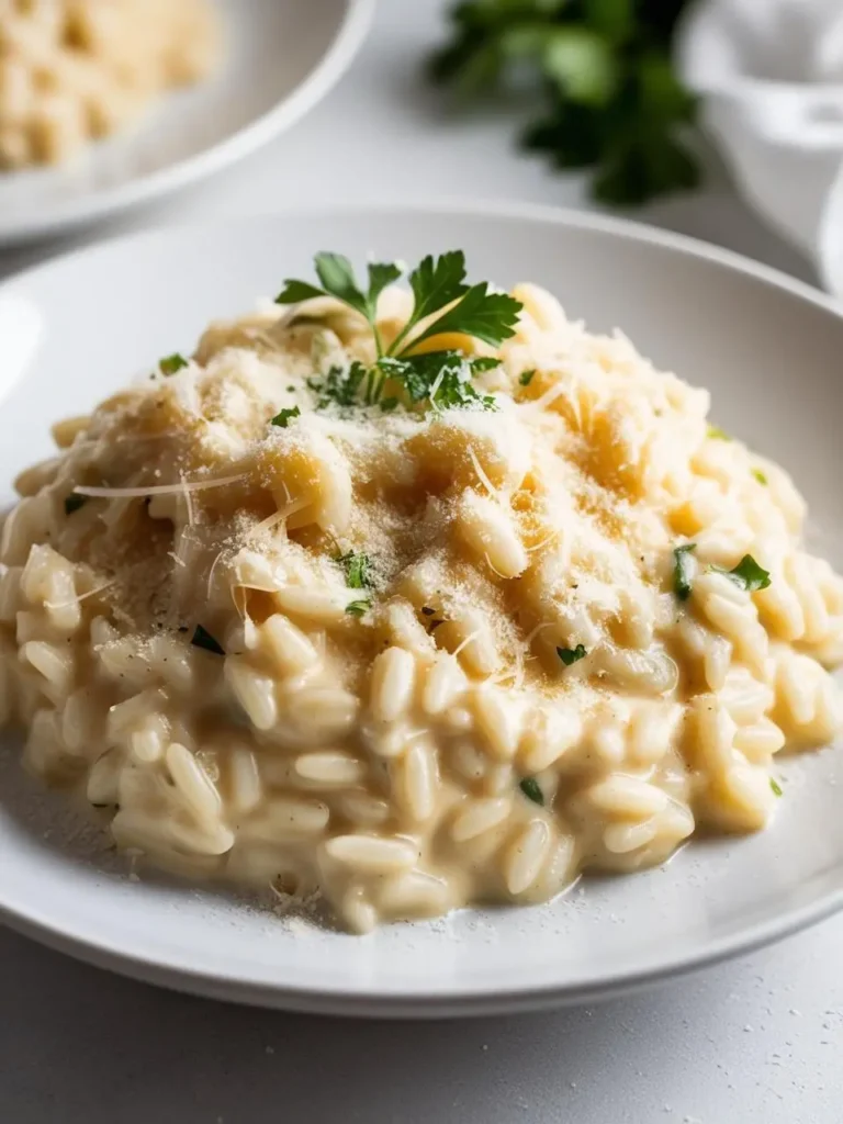 A plate of creamy risotto with a sprinkle of grated cheese and a garnish of fresh parsley. The risotto looks rich and decadent.