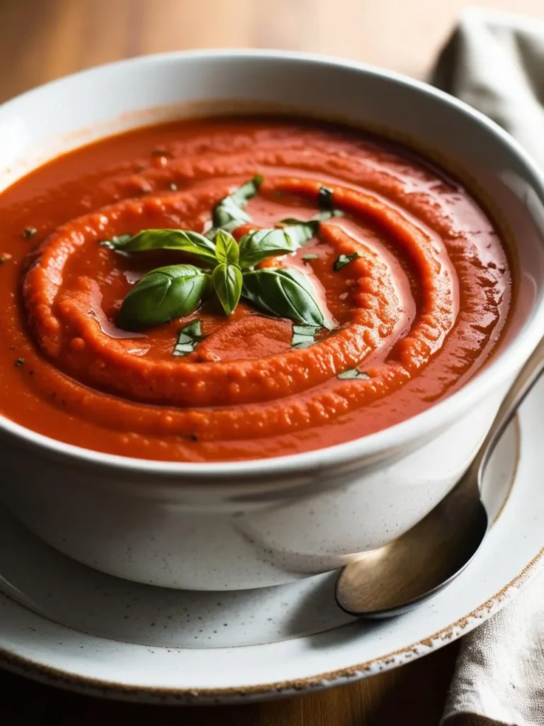 A bowl of velvety tomato soup, garnished with fresh basil leaves. The soup has a rich, red color and a smooth texture, making it a comforting and flavorful dish.






