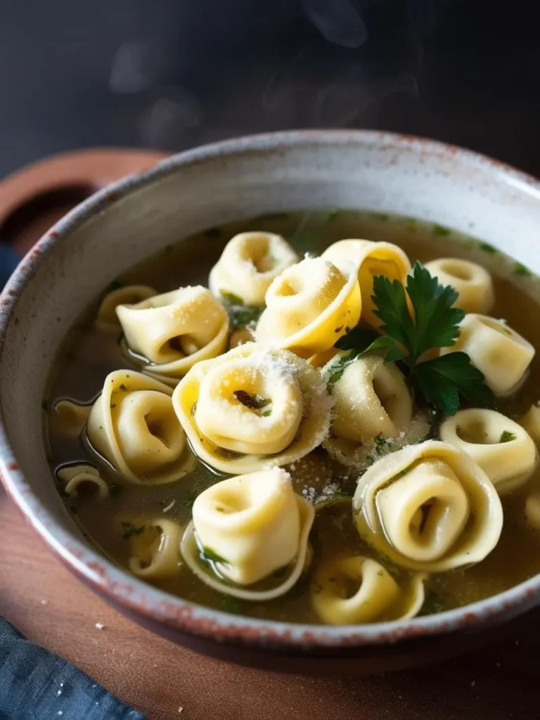 A steaming bowl of comforting tortellini soup. The broth is golden and clear, filled with plump tortellini, fresh parsley, and a sprinkle of Parmesan cheese. The dish looks warm, inviting, and perfect for a cozy meal on a chilly day.