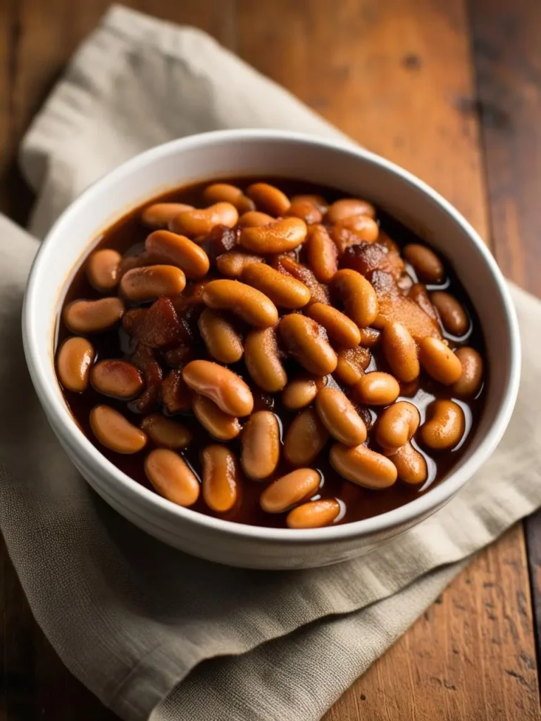 A bowl of baked beans, simmered in a rich and flavorful sauce. The beans are plump and juicy, and the sauce has a deep brown color. The dish looks incredibly appetizing and perfect for a comforting meal.