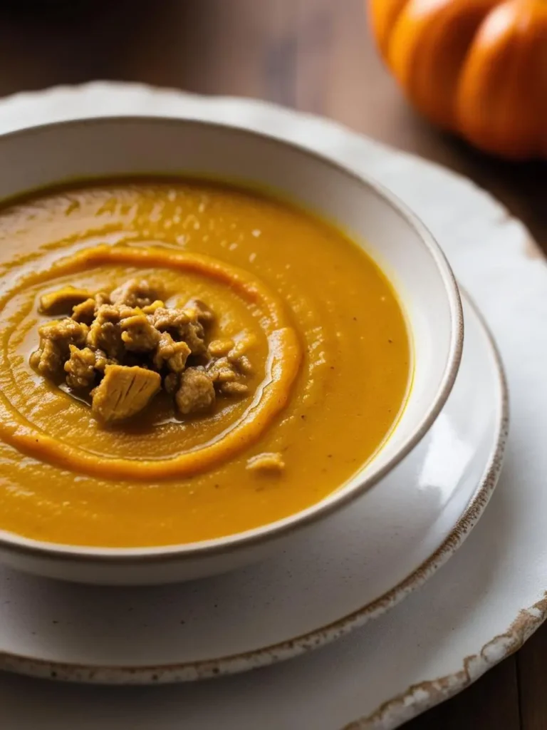 A bowl of creamy, golden pumpkin soup garnished with crumbled bacon bits. The soup is smooth and velvety, with a vibrant orange color. A whole pumpkin is partially visible in the background.