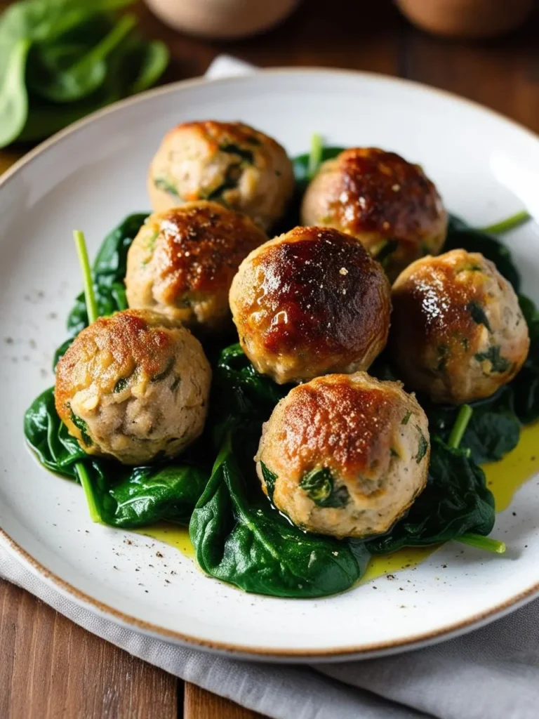 A plate of golden-brown meatballs nestled on a bed of fresh spinach leaves. The meatballs look tender and juicy, and the spinach adds a vibrant green color to the dish. The plate is set on a wooden table, and the overall composition is inviting and appetizing.