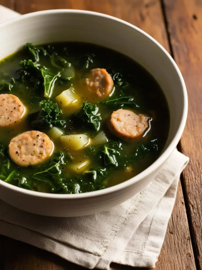 A bowl of hearty kale soup with chunks of sausage, potatoes, and onions. The soup looks rich and flavorful, perfect for a cozy meal on a chilly day.