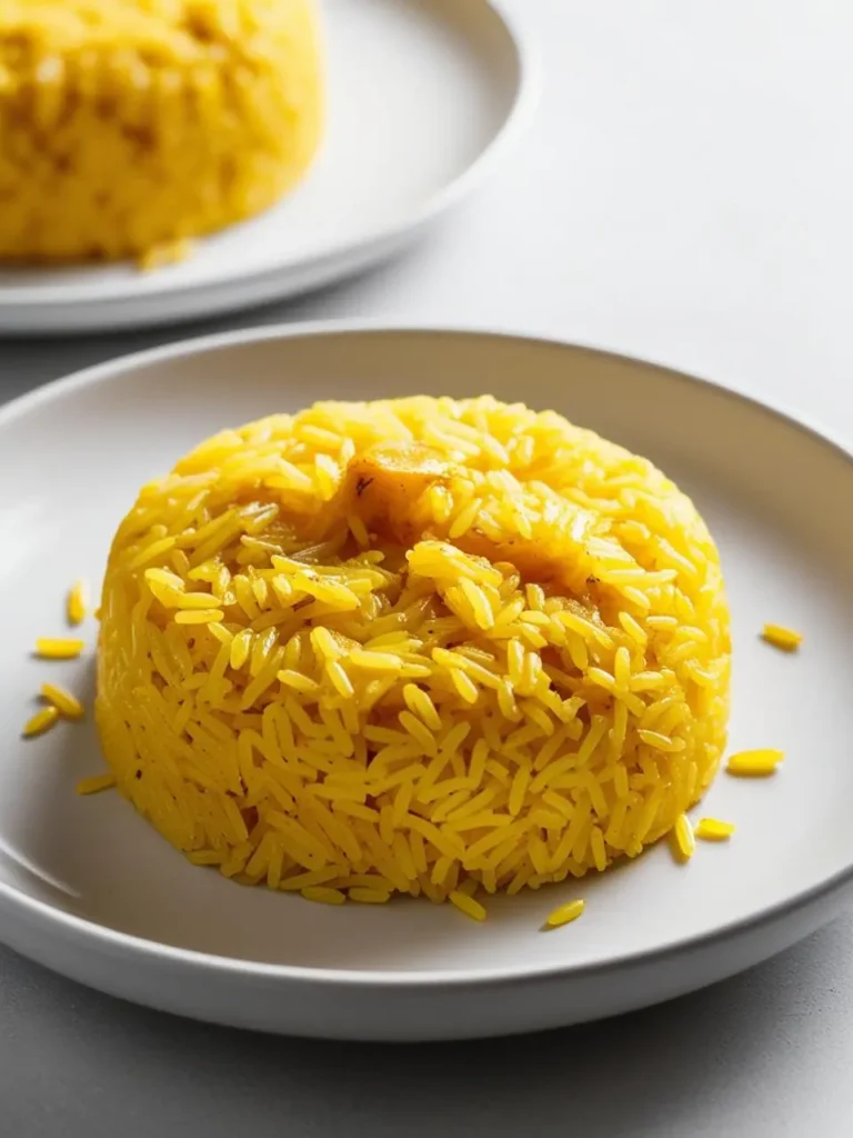 A plate of fluffy, golden yellow rice. The rice is cooked to perfection, with each grain distinct and light. The color suggests the use of turmeric or saffron for flavor and vibrancy.