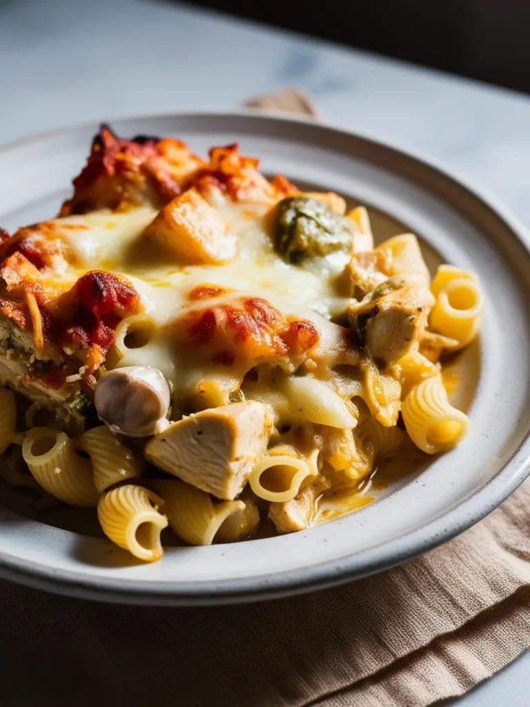 A plate of hearty chicken and broccoli casserole, topped with melted cheese. This looks like a delicious and comforting meal.