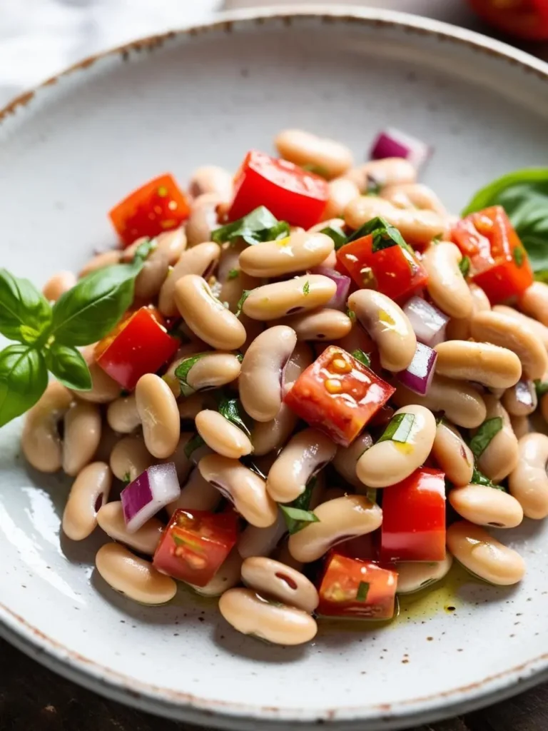 A vibrant and refreshing salad of creamy white beans. The salad is tossed with diced tomatoes, red onion, and fresh basil leaves. The colors are bright and inviting, making it a perfect side dish or light lunch.