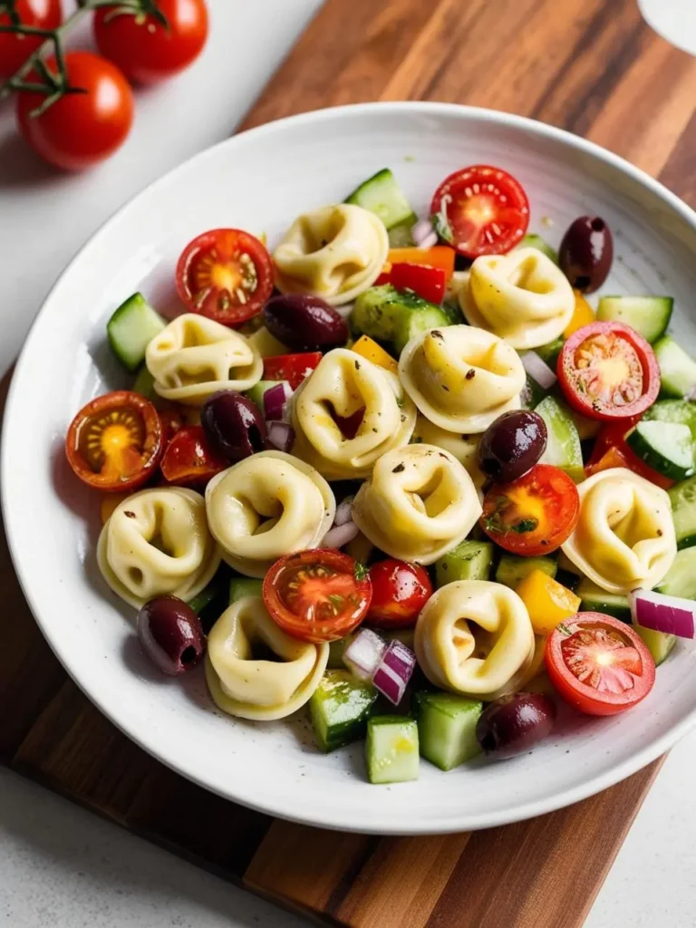 A colorful tortellini salad with cherry tomatoes, cucumbers, olives, and red onion. The salad looks fresh and vibrant, perfect for a light and healthy meal.