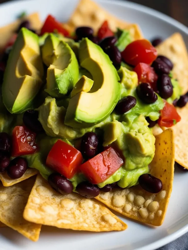 A plate of nachos topped with mashed avocado, black beans, diced tomatoes, and a sprinkle of cilantro.