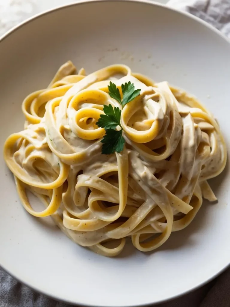 A plate of fettuccine Alfredo, with the pasta coated in a rich, creamy sauce and sprinkled with parsley. The dish looks decadent and satisfying.