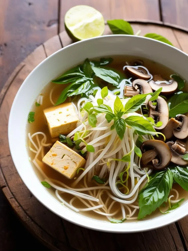 A bowl of steaming vegetarian pho. The broth is clear and flavorful, filled with tofu, rice noodles, mushrooms, and fresh herbs like basil and cilantro. A lime wedge adds a touch of freshness and aroma. The pho looks incredibly inviting and perfect for a light and healthy meal.