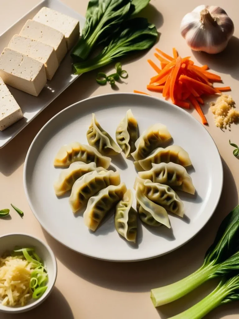 A plate of green dumplings arranged in a circle, with tofu, bok choy, carrots, and other ingredients scattered around.