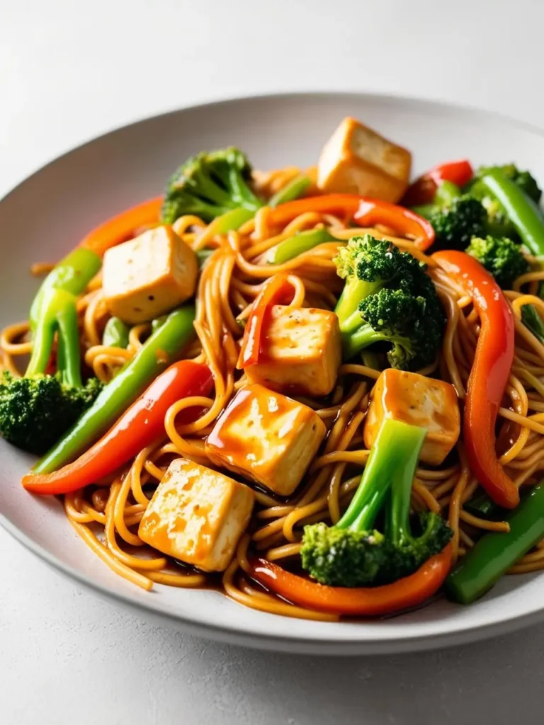 A plate of vegetarian lo mein noodles stir-fried with tofu, broccoli florets, and colorful bell peppers. The noodles are coated in a rich, savory sauce, and the dish looks incredibly flavorful and satisfying.