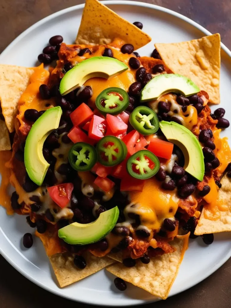 A plate of loaded nachos with crispy tortilla chips, topped with black beans, melted cheese, diced tomatoes, sliced avocado, and jalapeno slices.