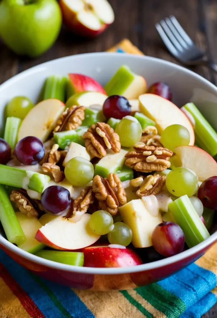 A bowl of Waldorf salad, a classic combination of crisp apples, celery, grapes, and walnuts. The salad is tossed with a creamy dressing and looks fresh and appetizing. A fork and a napkin are visible on the side, ready for enjoying this healthy and delicious treat.