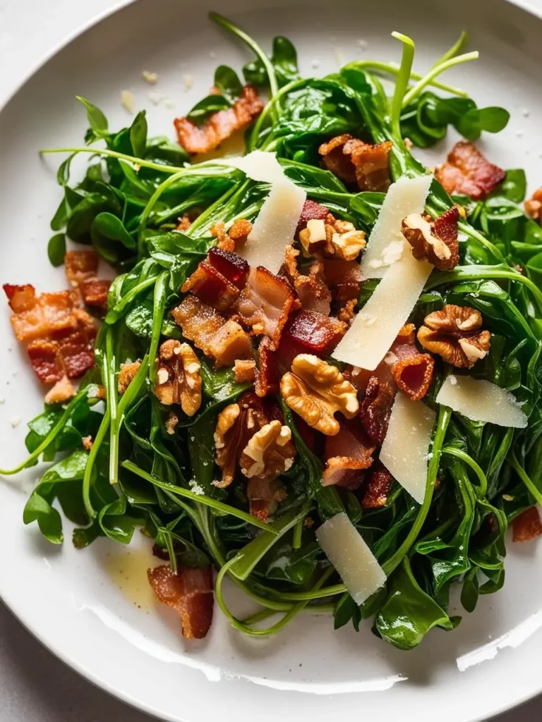 A plate of vibrant green watercress salad topped with crispy bacon, toasted walnuts, and shaved Parmesan cheese.