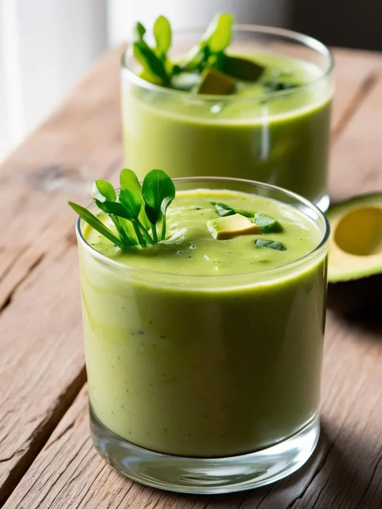 Two glasses filled with a vibrant green smoothie, garnished with fresh watercress. A half of an avocado is visible on the table, hinting at the smoothie's ingredients.