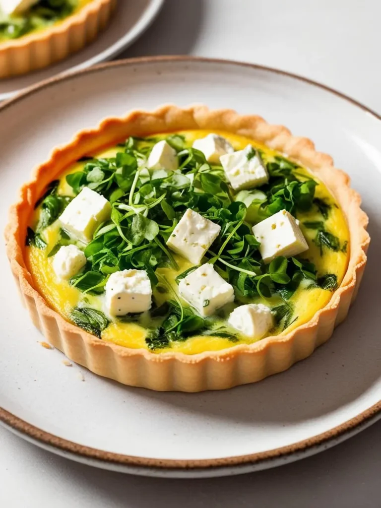 A golden-brown quiche with a flaky crust, filled with a creamy egg custard and topped with fresh watercress and crumbled feta cheese.