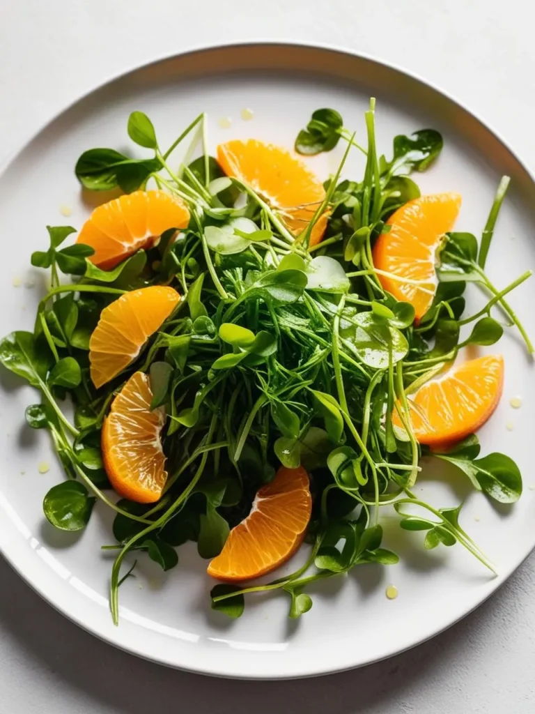 A vibrant salad with a bed of fresh watercress topped with juicy mandarin orange segments. It looks light, refreshing, and perfect for a summer meal.