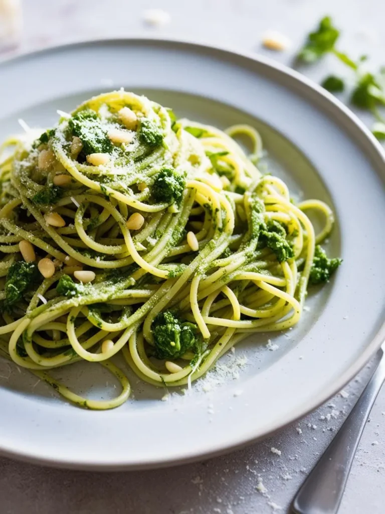 A plate of vibrant green pesto pasta with strands of spaghetti coated in a rich, homemade pesto sauce. Toasted pine nuts and grated Parmesan cheese add a touch of texture and flavor.