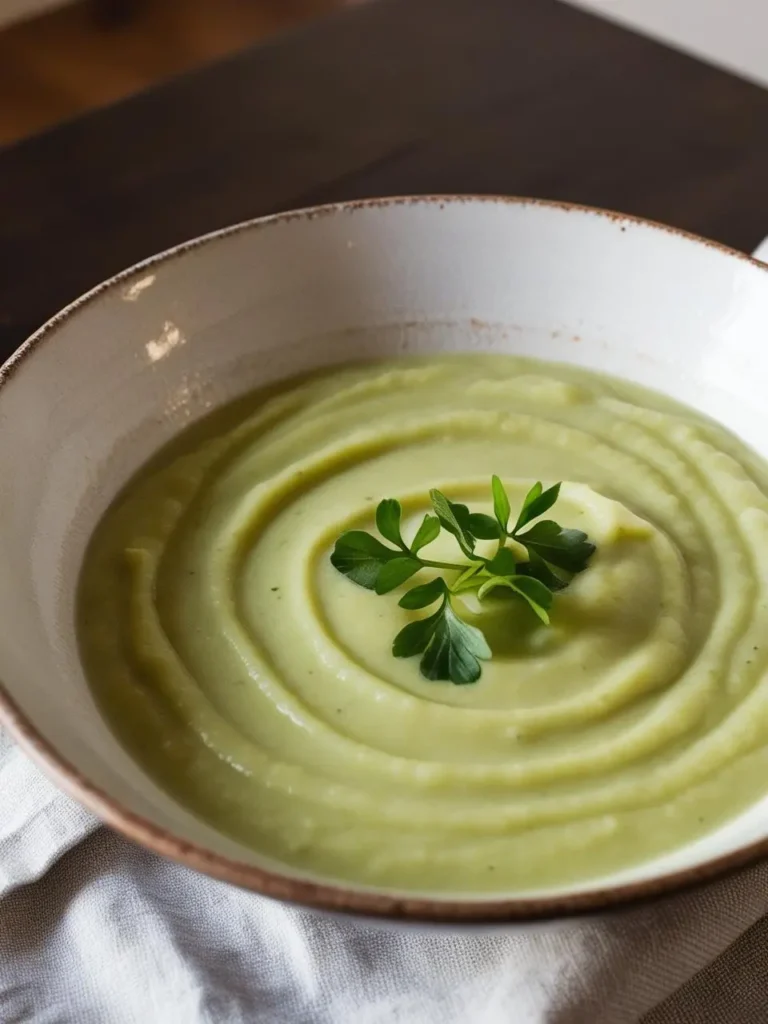 A bowl of creamy, green soup with a swirl pattern and a sprig of parsley garnish. The soup looks smooth and inviting.