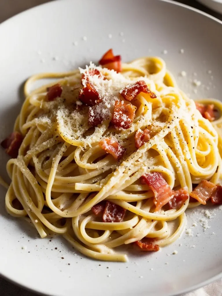 A plate of spaghetti Carbonara, a classic Italian dish. The pasta is coated in a creamy sauce made with eggs, cheese, and pancetta. The dish is garnished with additional pancetta bits and freshly grated Parmesan cheese. It looks rich, decadent, and incredibly appetizing.