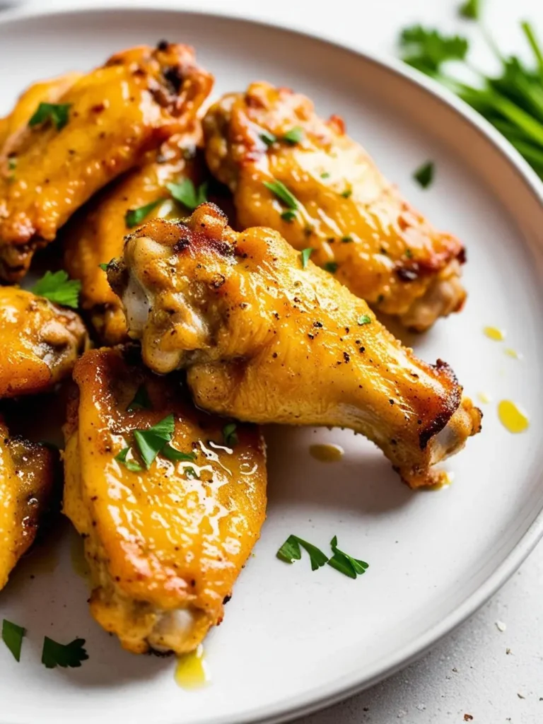 A plate of crispy, golden-brown chicken wings coated in a bright yellow sauce, likely a lemon pepper seasoning. The wings are garnished with fresh parsley and look incredibly appetizing. The dish is perfect for a game day snack or a flavorful appetizer.