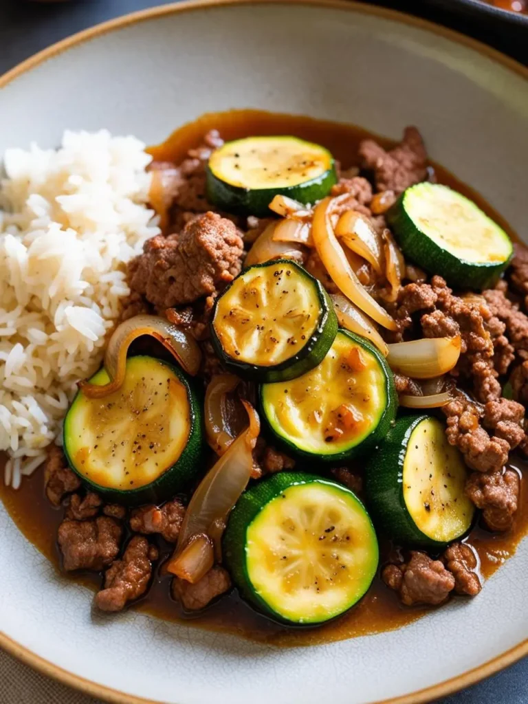 A plate of ground beef stir-fry with zucchini, onions, and a savory sauce, served with a side of steamed rice. The dish looks flavorful and perfect for a quick and easy meal.