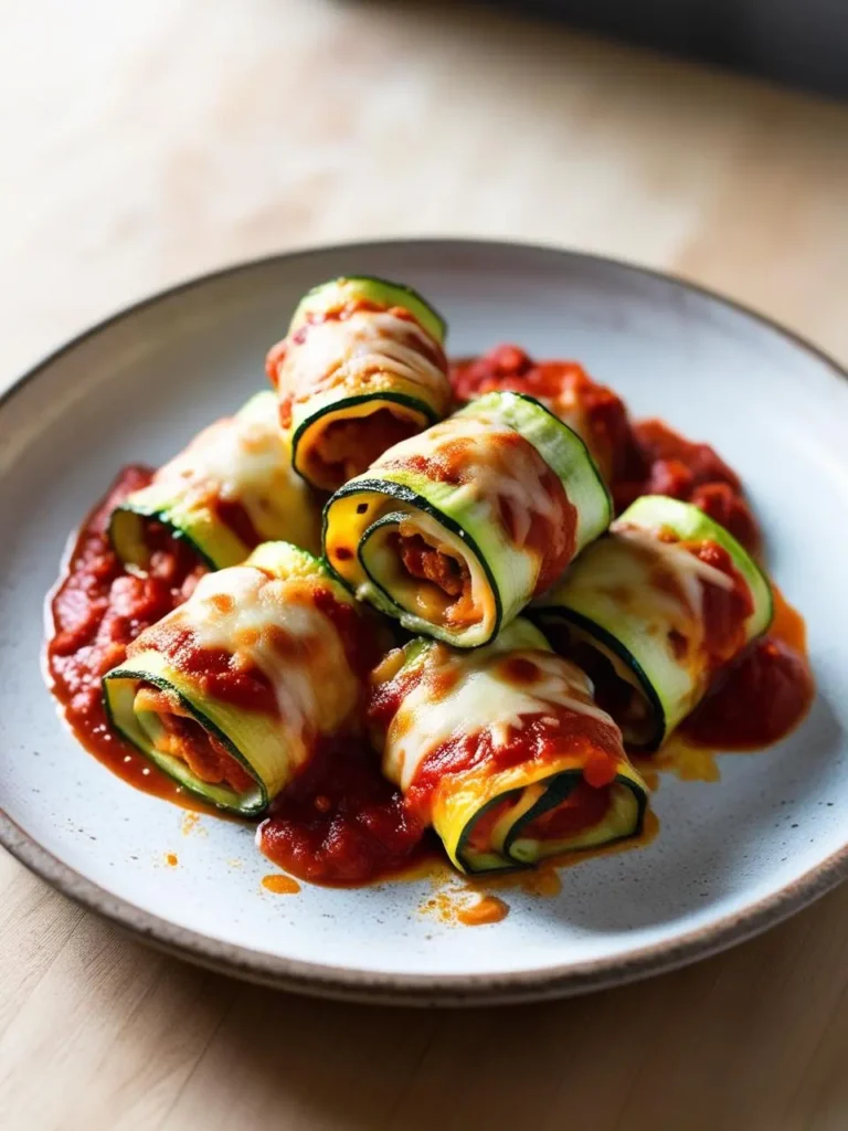 A plate of zucchini roll-ups filled with a savory mixture, topped with melted cheese and a rich tomato sauce. The dish looks colorful and inviting.