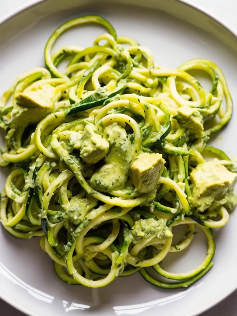 A plate of zucchini noodles, also known as zoodles, coated in a creamy avocado pesto sauce. The zoodles are long and spiraled, creating a visually appealing dish. The avocado pesto sauce gives the dish a vibrant green color and adds a rich, creamy texture.