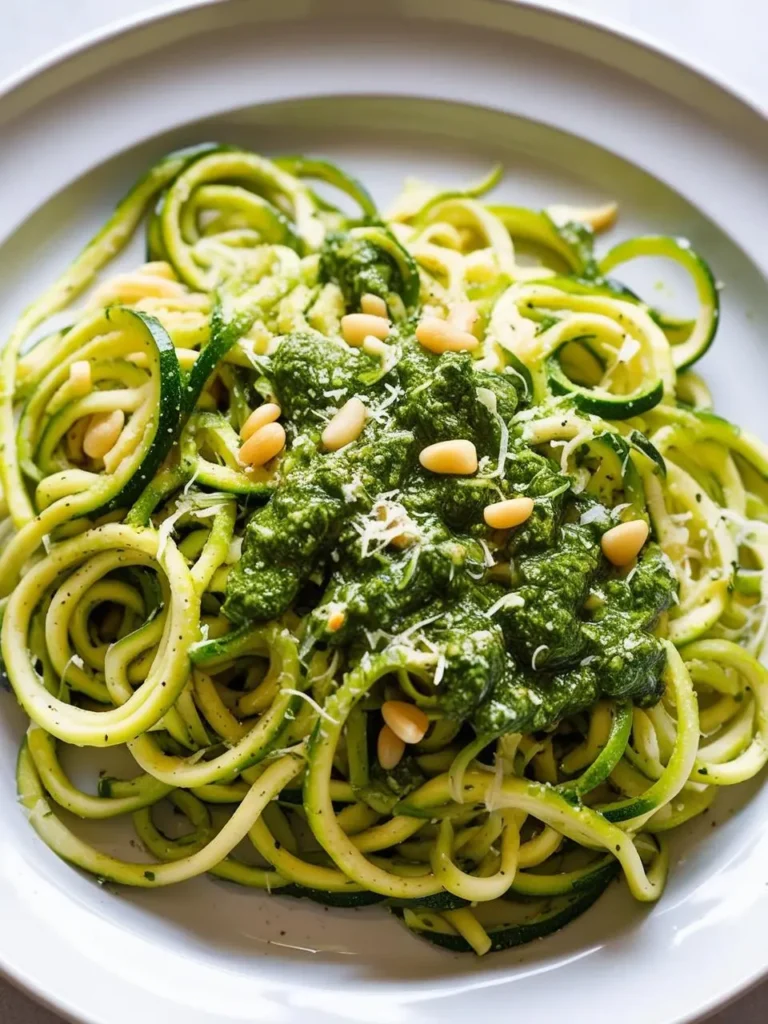 A plate of zucchini noodles, also known as zoodles, dressed in a vibrant green pesto sauce. The sauce is generously spread over the zoodles and garnished with pine nuts and grated Parmesan cheese. The dish looks light, fresh, and perfect for a healthy and delicious meal.